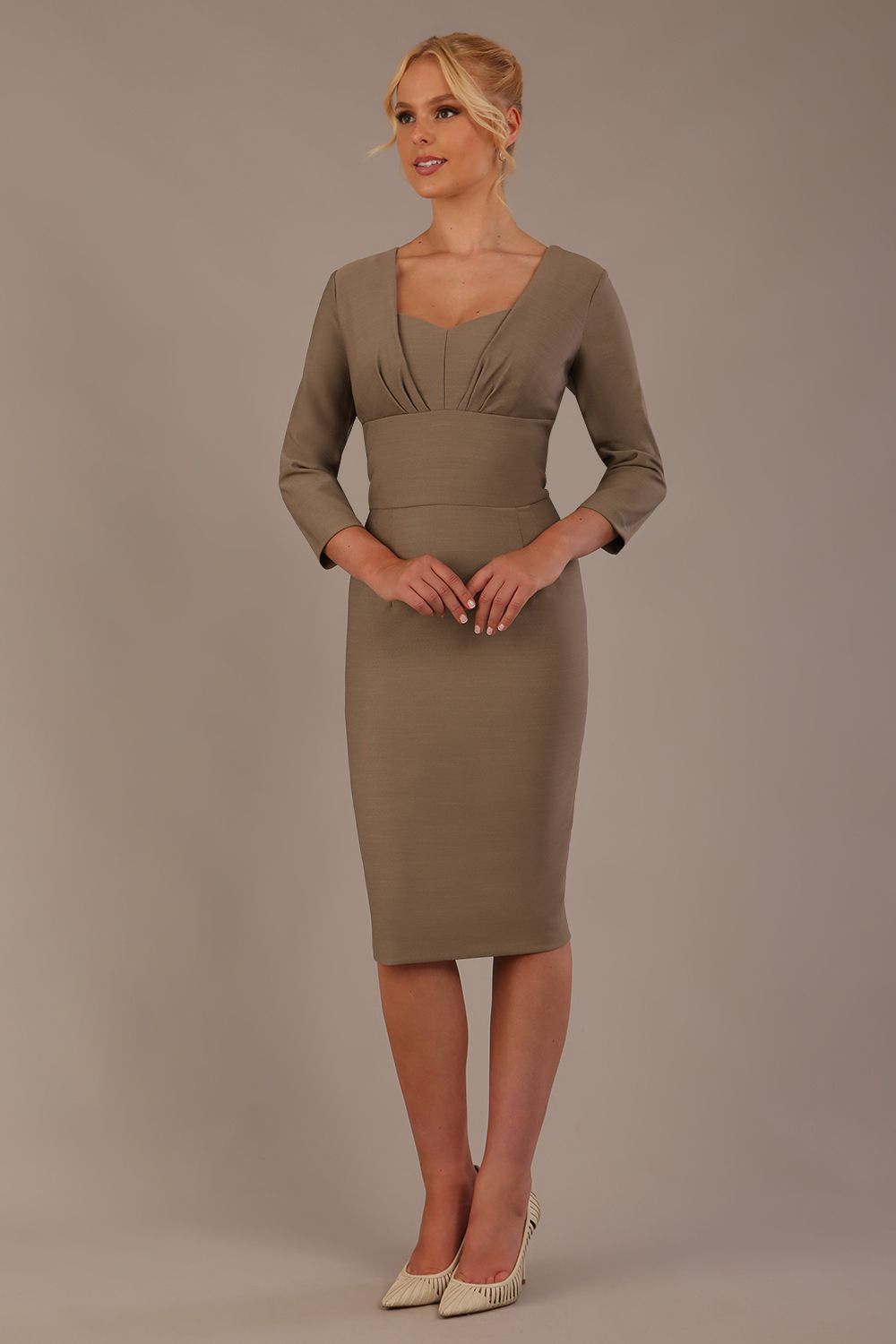 Seed Greenwich Sleeved Pencil Dress in Taupe Brown – Diva Catwalk, image 9