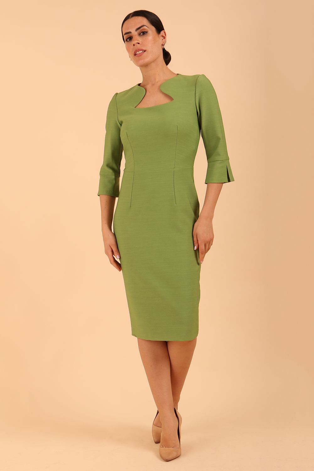 Seed Kennedy Sleeved Shaped Neckline Pencil Dress in Citrus Green – Diva Catwalk, image 3