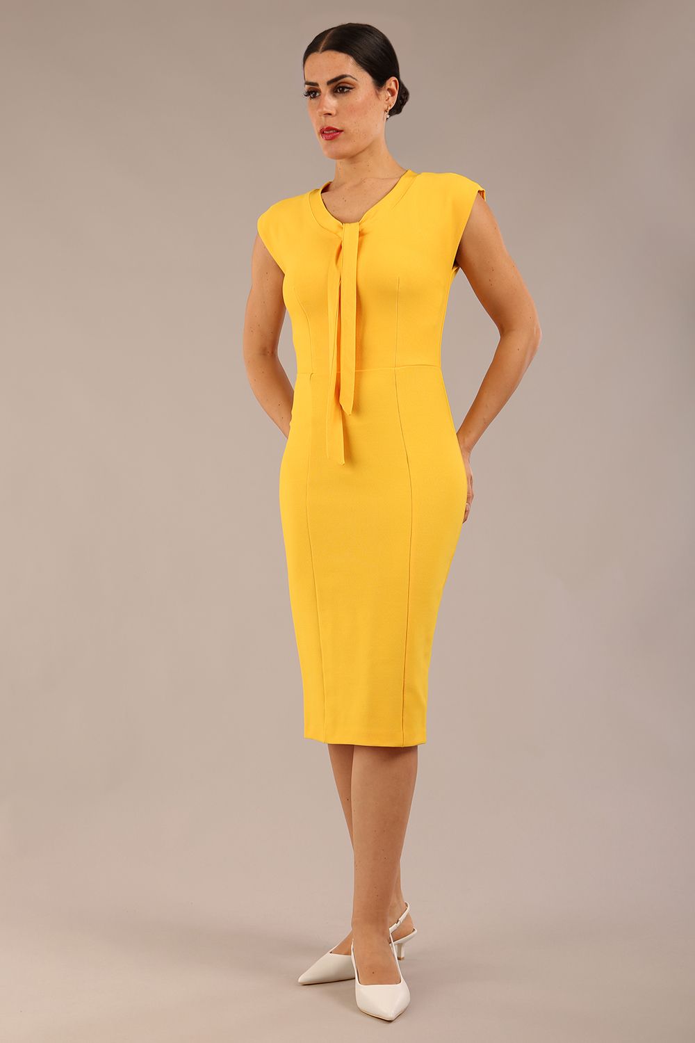 Seed Lucca Tie Detail Cap Sleeved Pencil Dress in Daffodil Yellow – Diva Catwalk, image 11