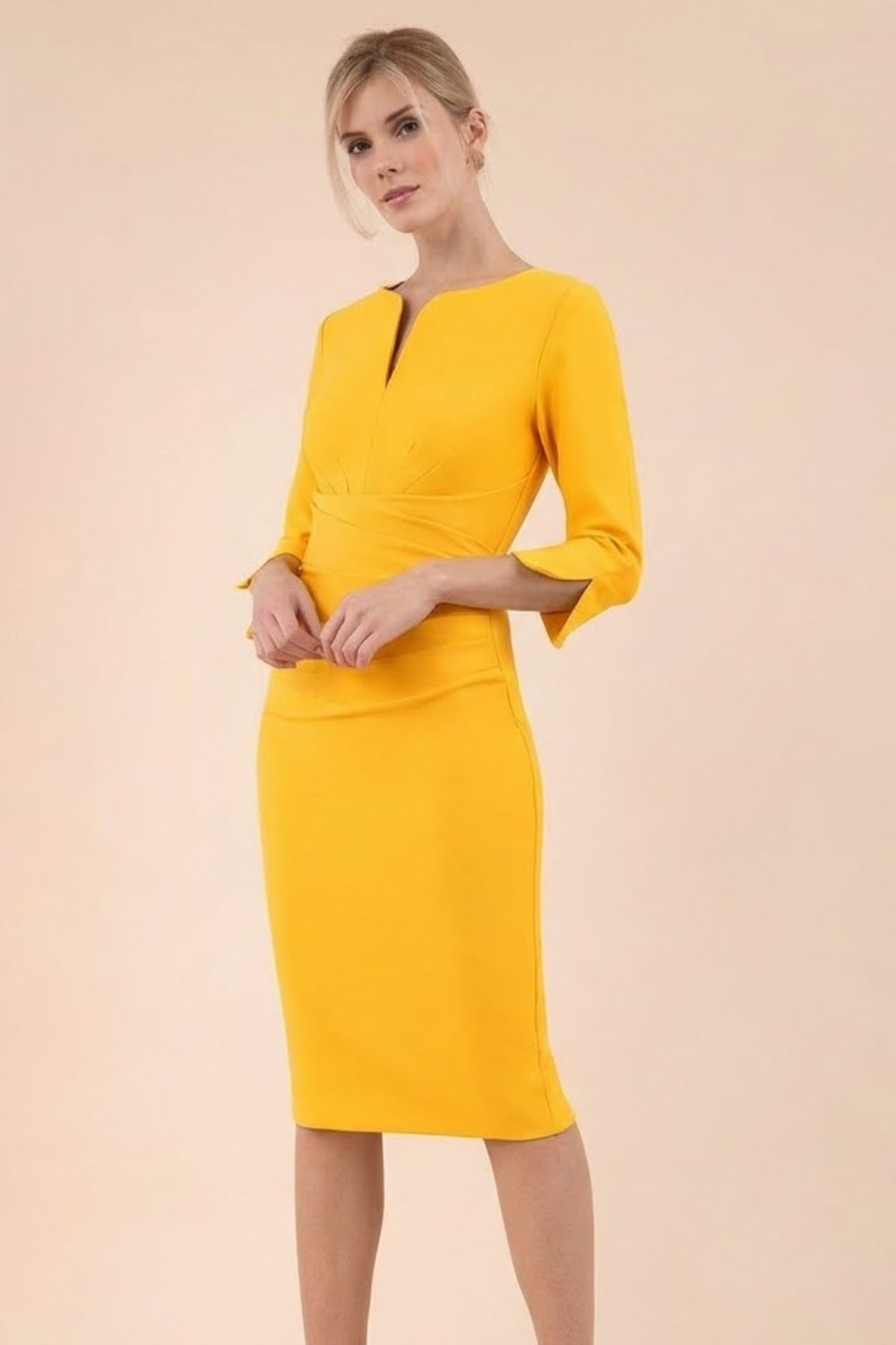 Seed Tuscany Round Neck Pencil Dress in Daffodil Yellow – Diva Catwalk, image 22
