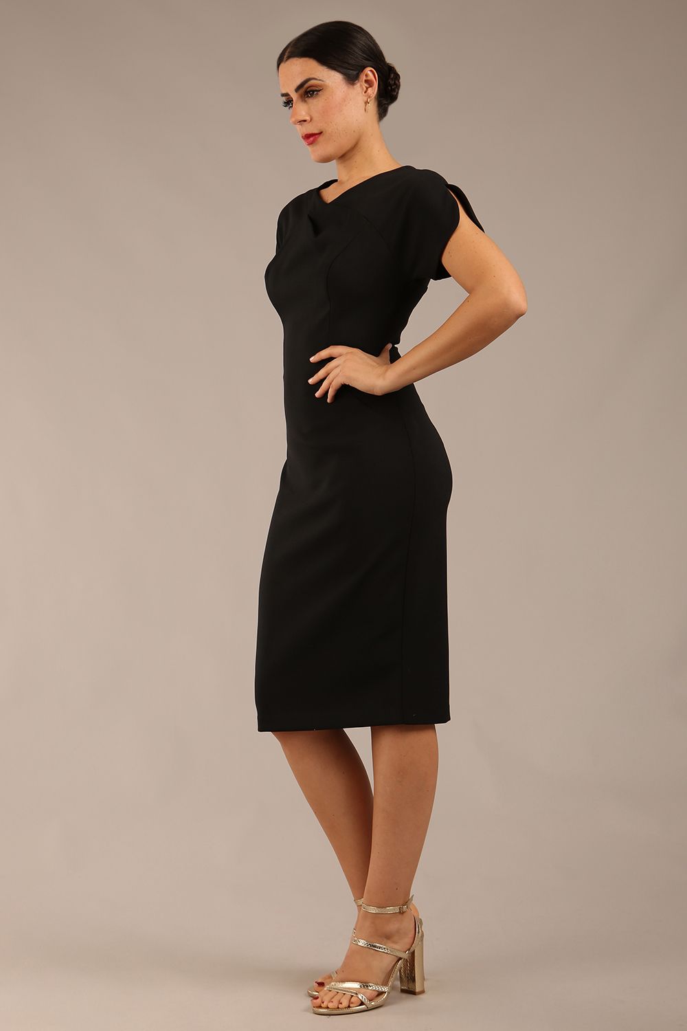 Sheena Short Sleeve Knee Length Pencil Dress in Black – Diva Catwalk, image 5