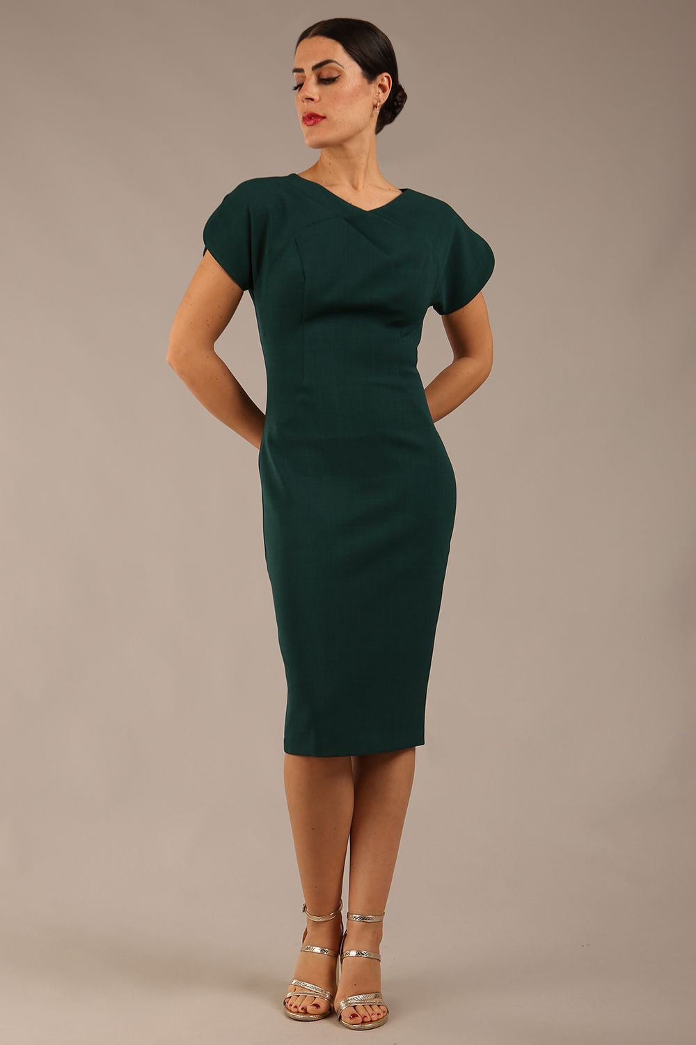 Sheena Short Sleeve Knee Length Pencil Dress in Forest Green – Diva Catwalk, image 1