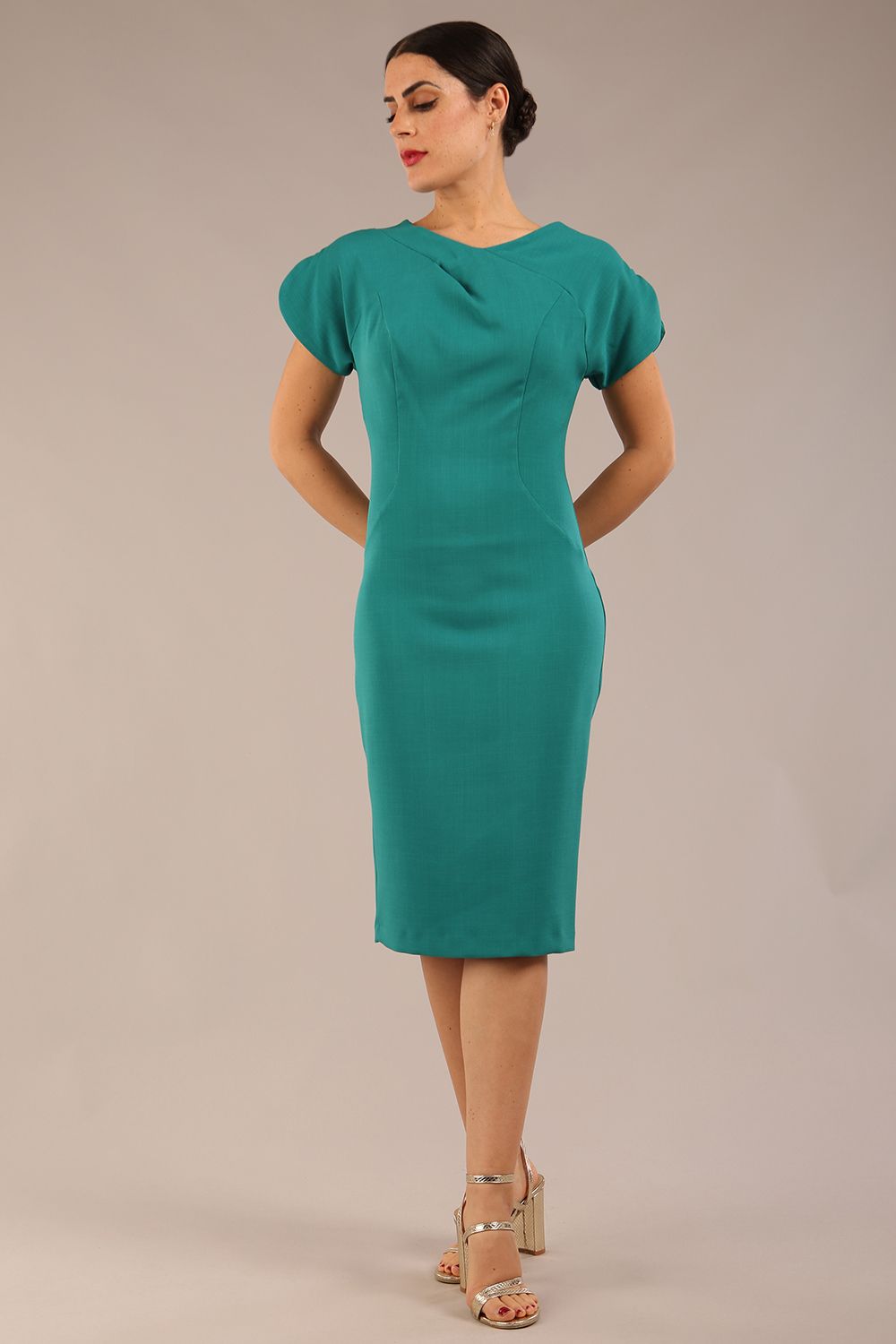 Sheena Short Sleeve Knee Length Pencil Dress in Parasailing Green – Diva Catwalk, image 8
