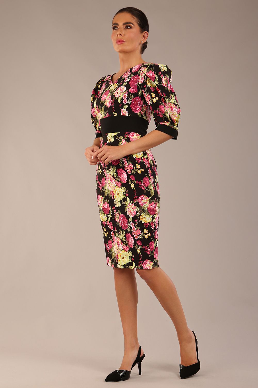 Somerset Floral with Puff Sleeves & Black Waistband Pencil Dress – Diva Catwalk, image 3