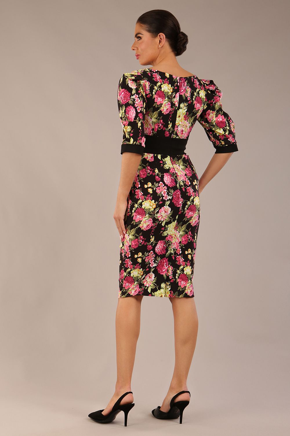 Somerset Floral with Puff Sleeves & Black Waistband Pencil Dress – Diva Catwalk, image 2