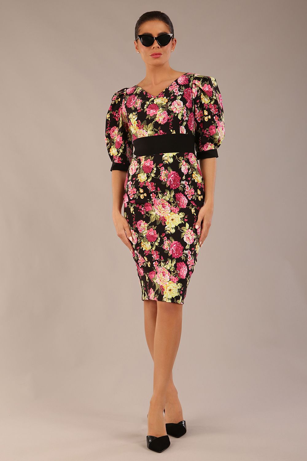 Somerset Floral with Puff Sleeves & Black Waistband Pencil Dress – Diva Catwalk, image 5