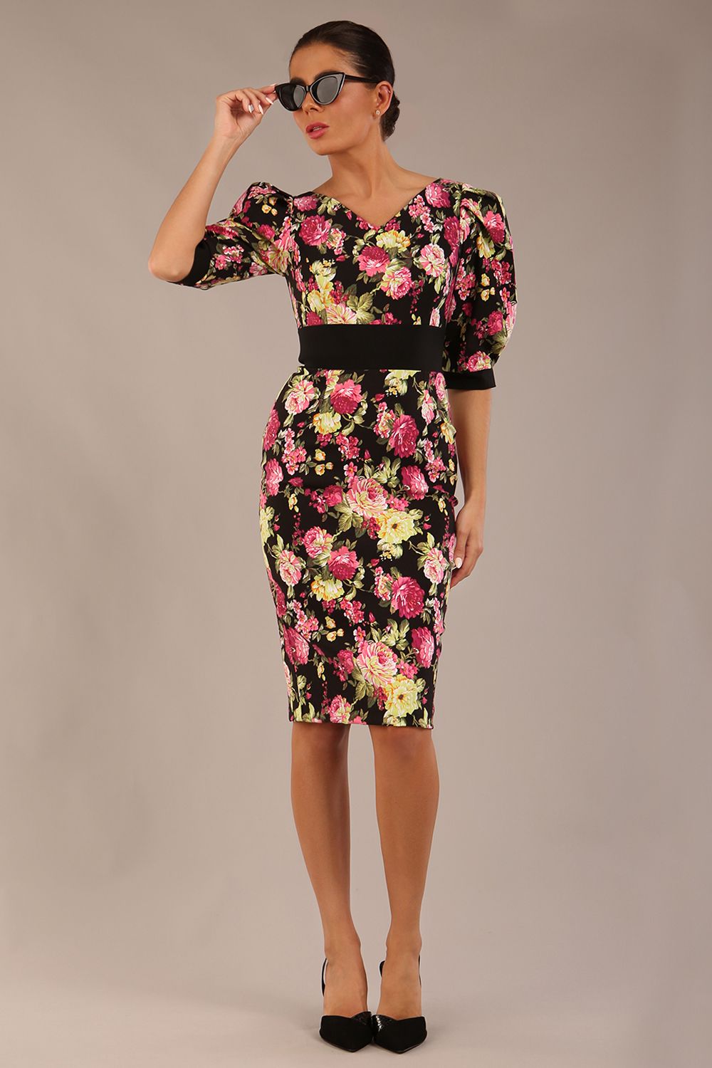 Somerset Floral with Puff Sleeves & Black Waistband Pencil Dress – Diva Catwalk, image 6