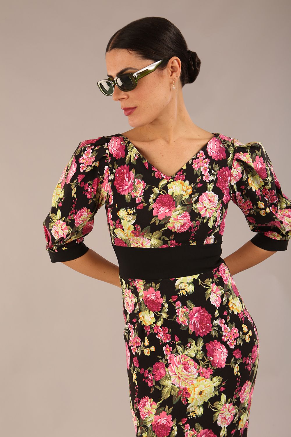 Somerset Floral with Puff Sleeves & Black Waistband Pencil Dress – Diva Catwalk, image 9