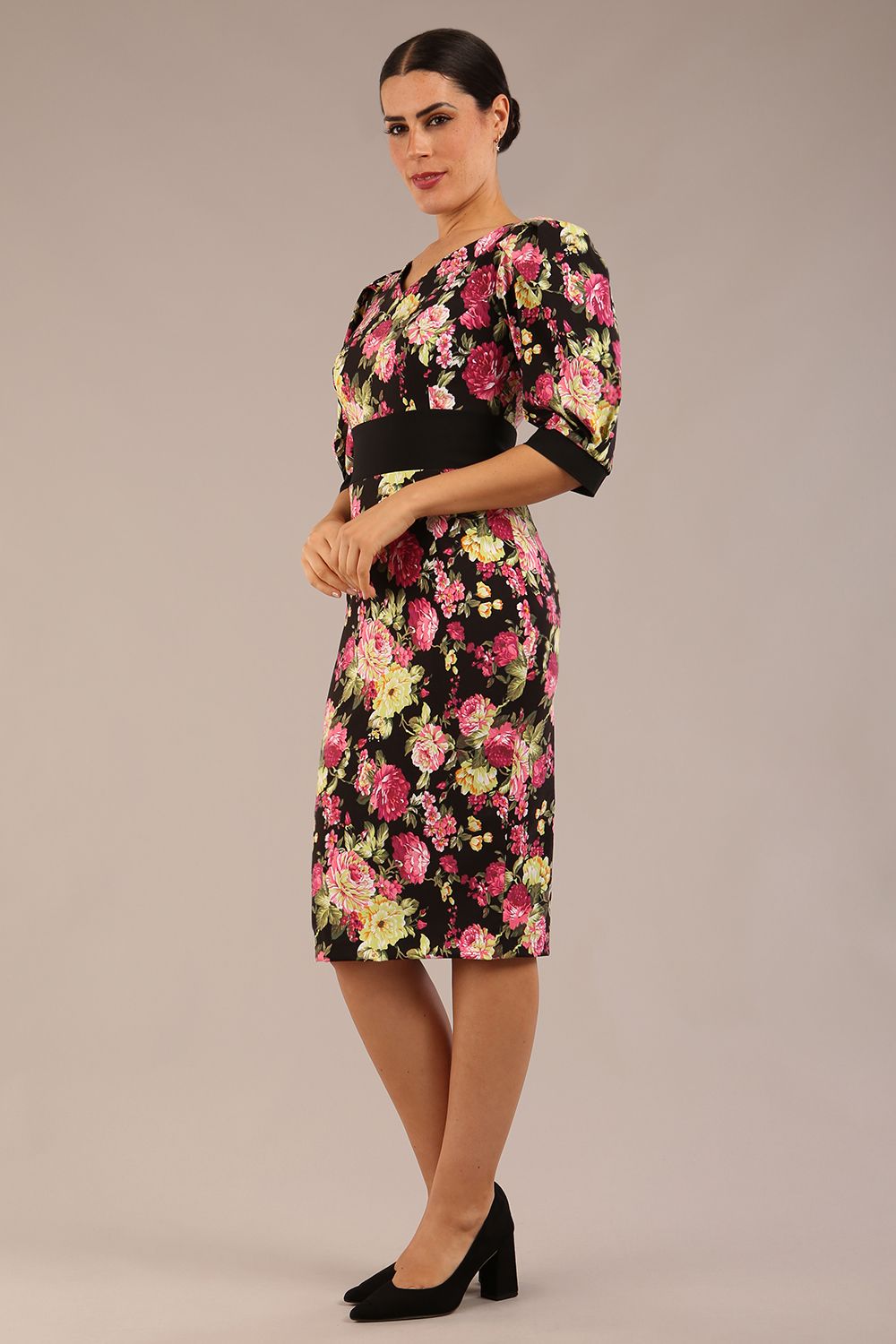 Somerset Floral with Puff Sleeves & Black Waistband Pencil Dress – Diva Catwalk, image 10