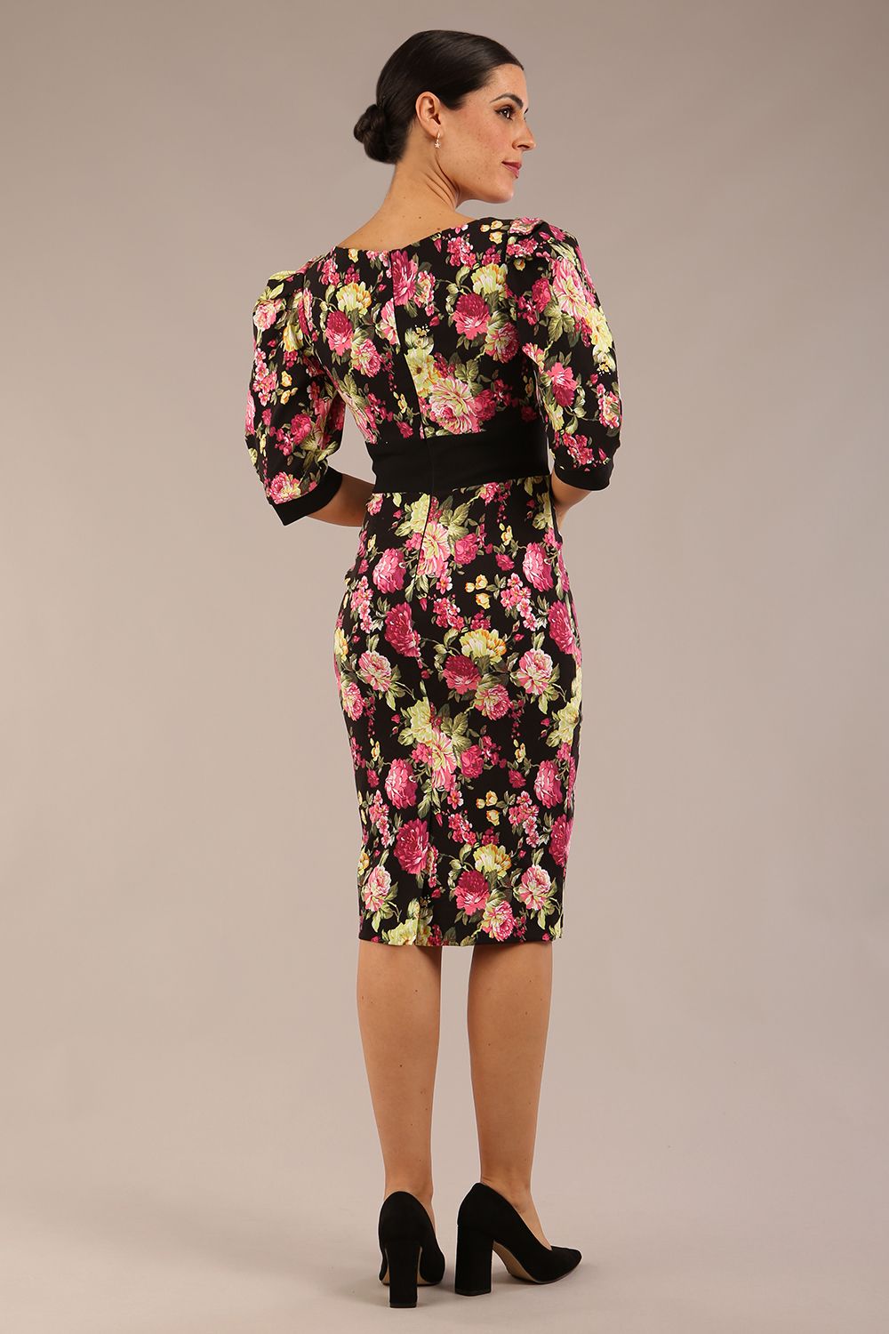 Somerset Floral with Puff Sleeves & Black Waistband Pencil Dress – Diva Catwalk, image 11