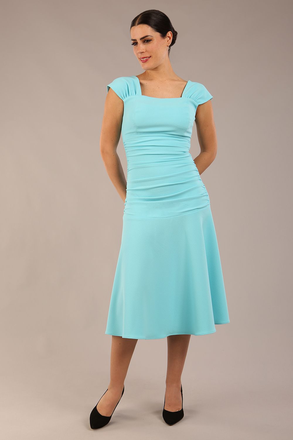 Sonning Cap Sleeve Square Neckline A-Line Dress in Turquoise – Diva Catwalk, image 7