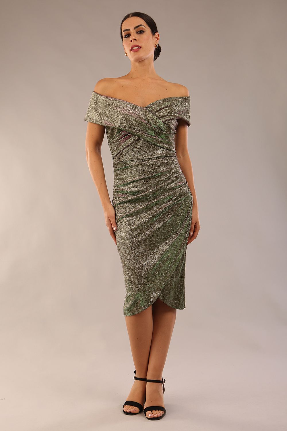 Starlight Off Shoulder Glitter Dress in Sherwood Gold Glitter – Diva Catwalk, image 1