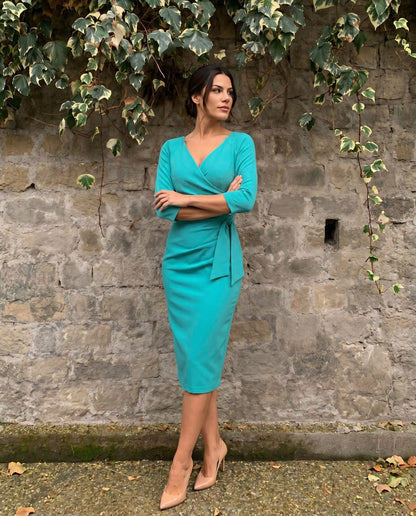 Bronwen 3/4 sleeved Tie Pencil Dress in Aqua Green – detail