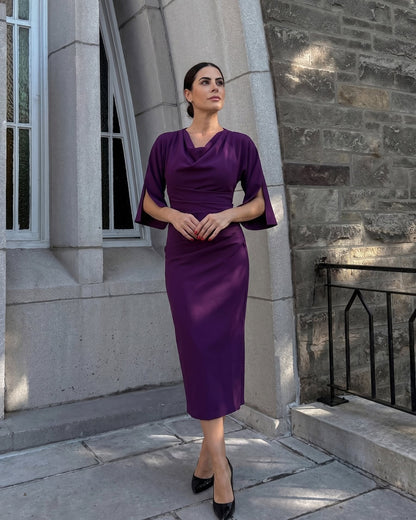 Diana Cowl Neck Pencil Dress in Passion Purple – front view