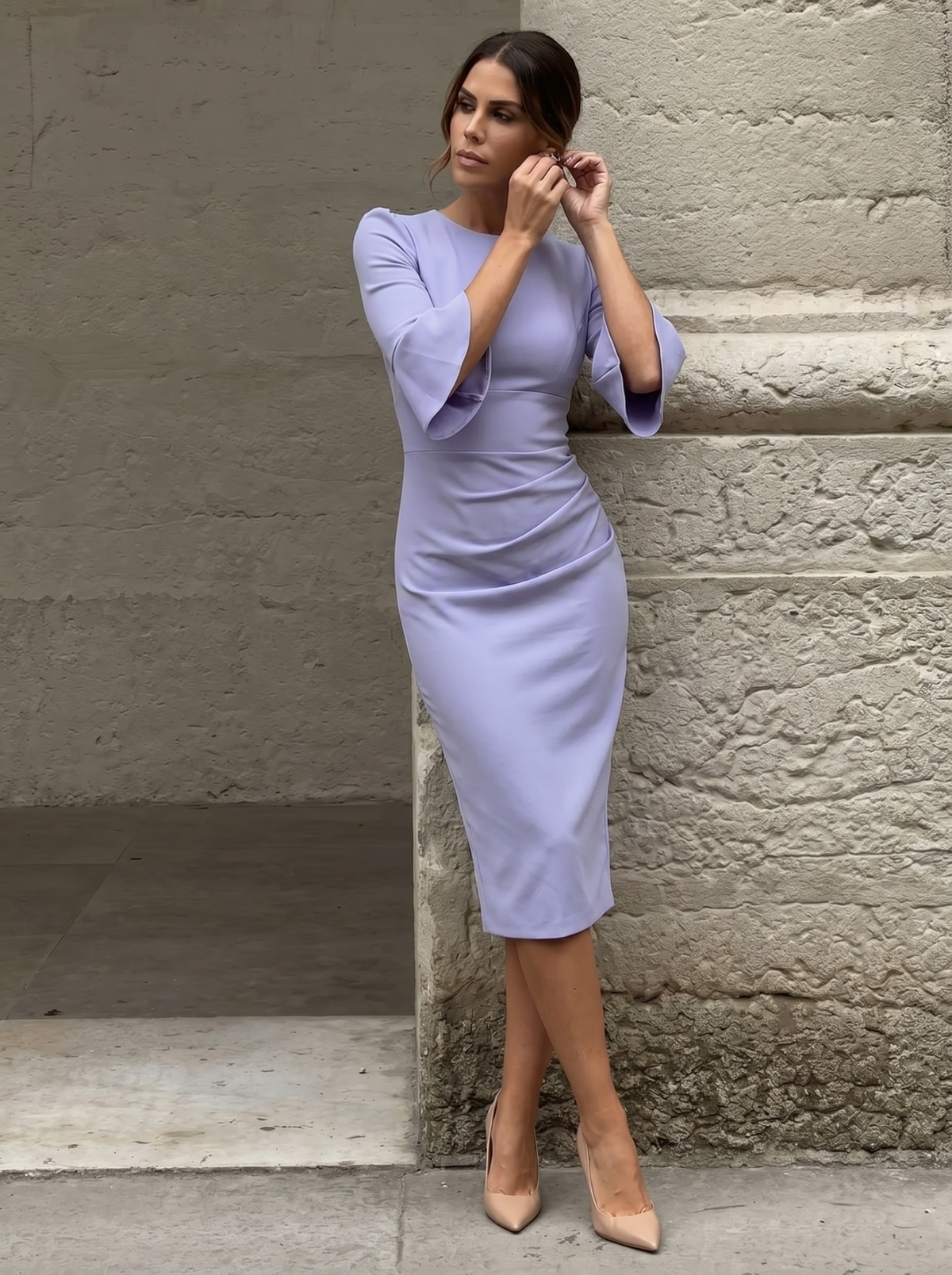 Santorini 3/4 Length Bell Sleeve Midi Pencil Dress in Vista Blue – detail