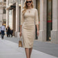 Ubrique Keyhole Pencil Dress in Sandshell Beige – front view