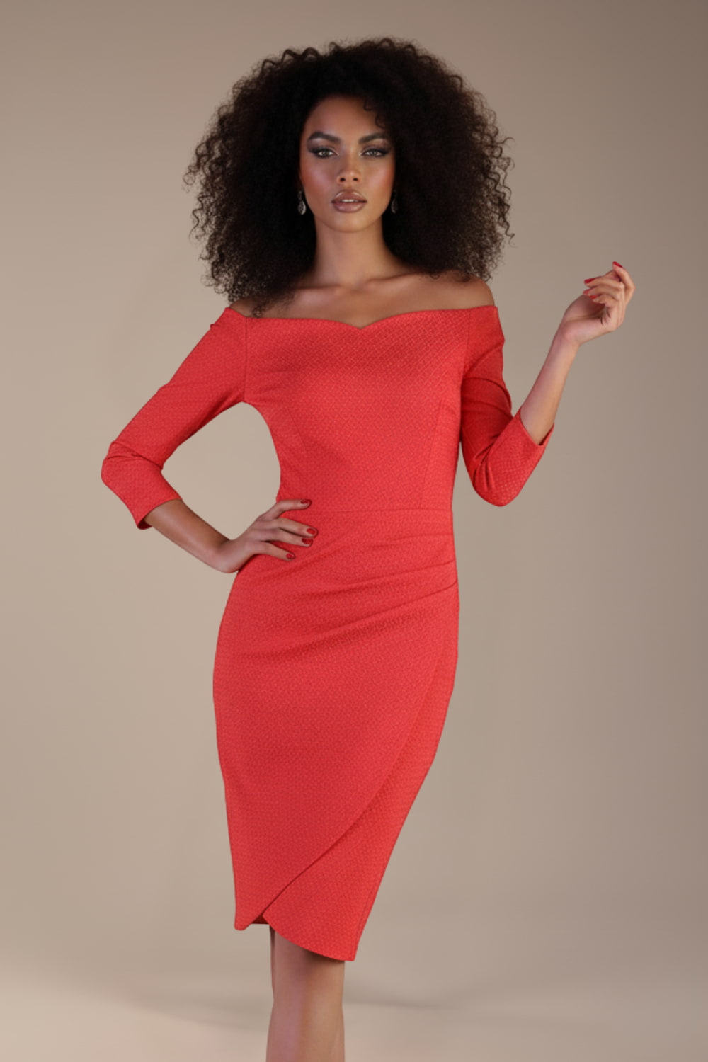Trixie Off Shoulder Pencil Dress in Salmon Red – Diva Catwalk, image 4
