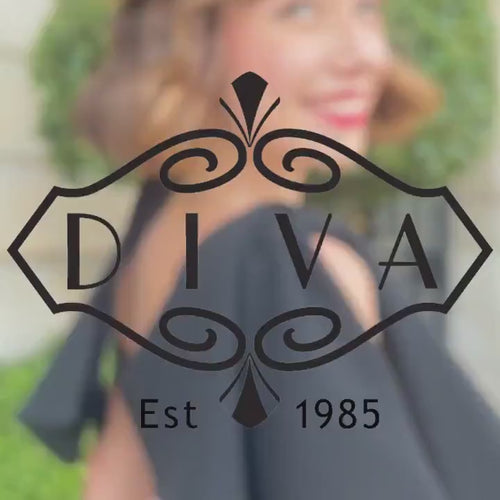 Multiple video clips of different models wearing diferent DIVA dresses in public and then a black DIVA logo appearing at the end of the video.