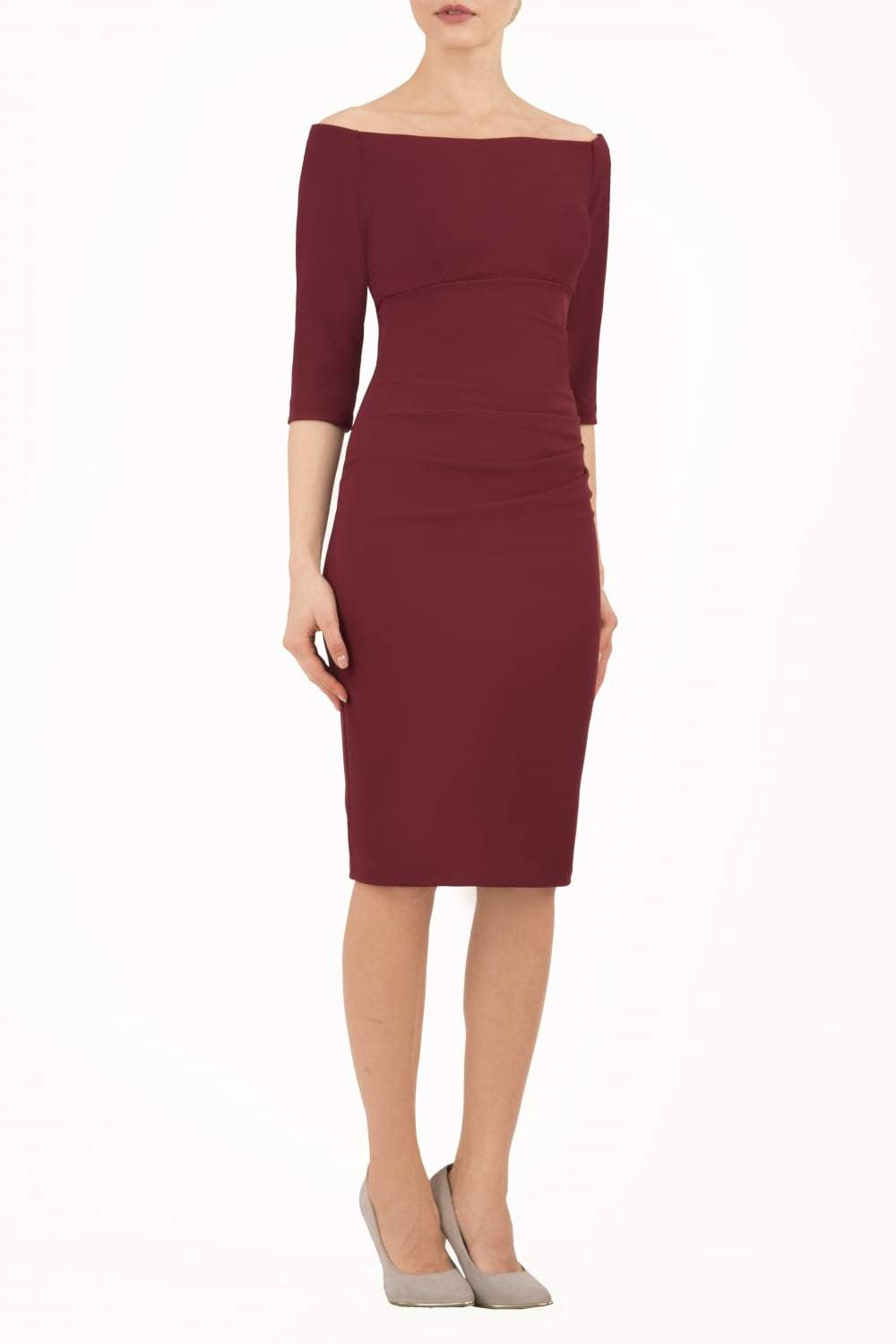 Astra Off Shoulder Sleeved Pencil Dress in Cabaret Burgundy – Diva Catwalk, image 14