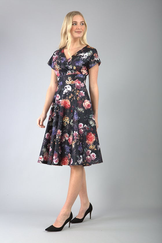 Boston Cap Sleeve Printed Swing Dress in Dark Floral Print – Diva Catwalk, image 1