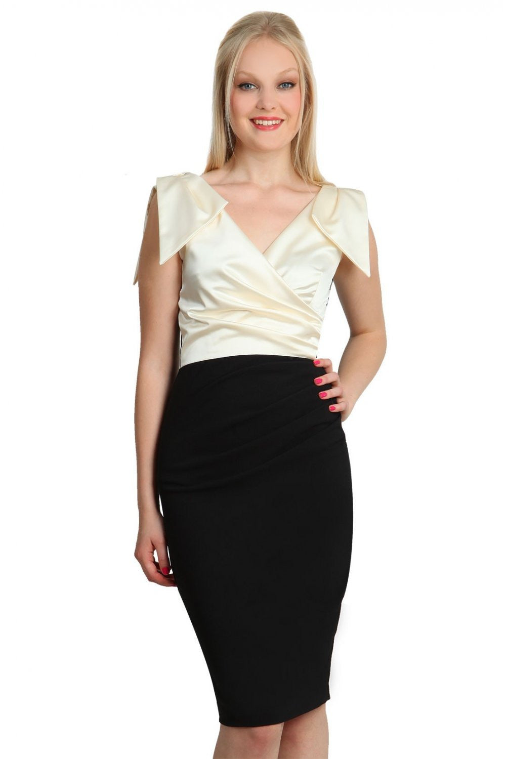 Broadway Satin Dress in Black & Gardenia Cream – Diva Catwalk, image 1