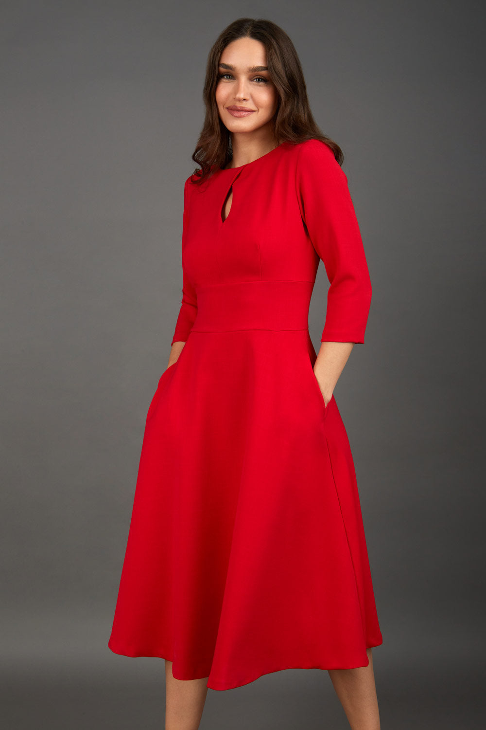 Casares Three Quarter Sleeve A-line Dress in Scarlet Red – Diva Catwalk, image 1