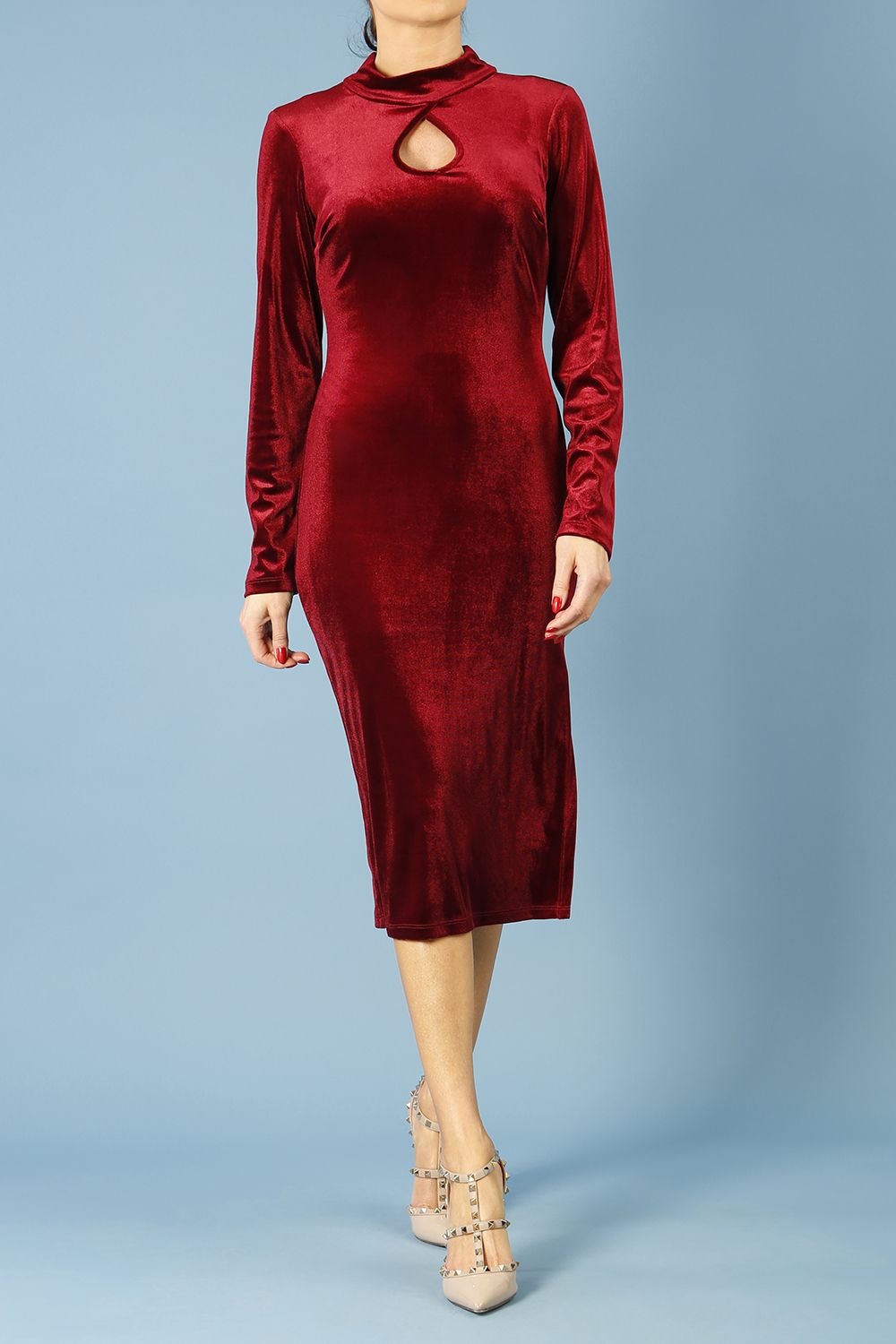 Clipper High Neck Keyhole Velvet Dress in Burgundy – Diva Catwalk, image 7
