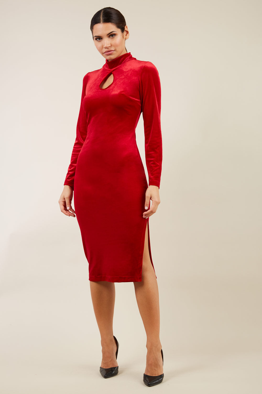 Clipper High Neck Keyhole Velvet Dress in Deep Red – Diva Catwalk, image 1