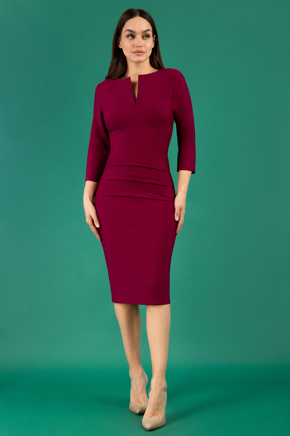 Daphne 3/4 Sleeved Dress in Blissful Burgundy – Diva Catwalk, image 22