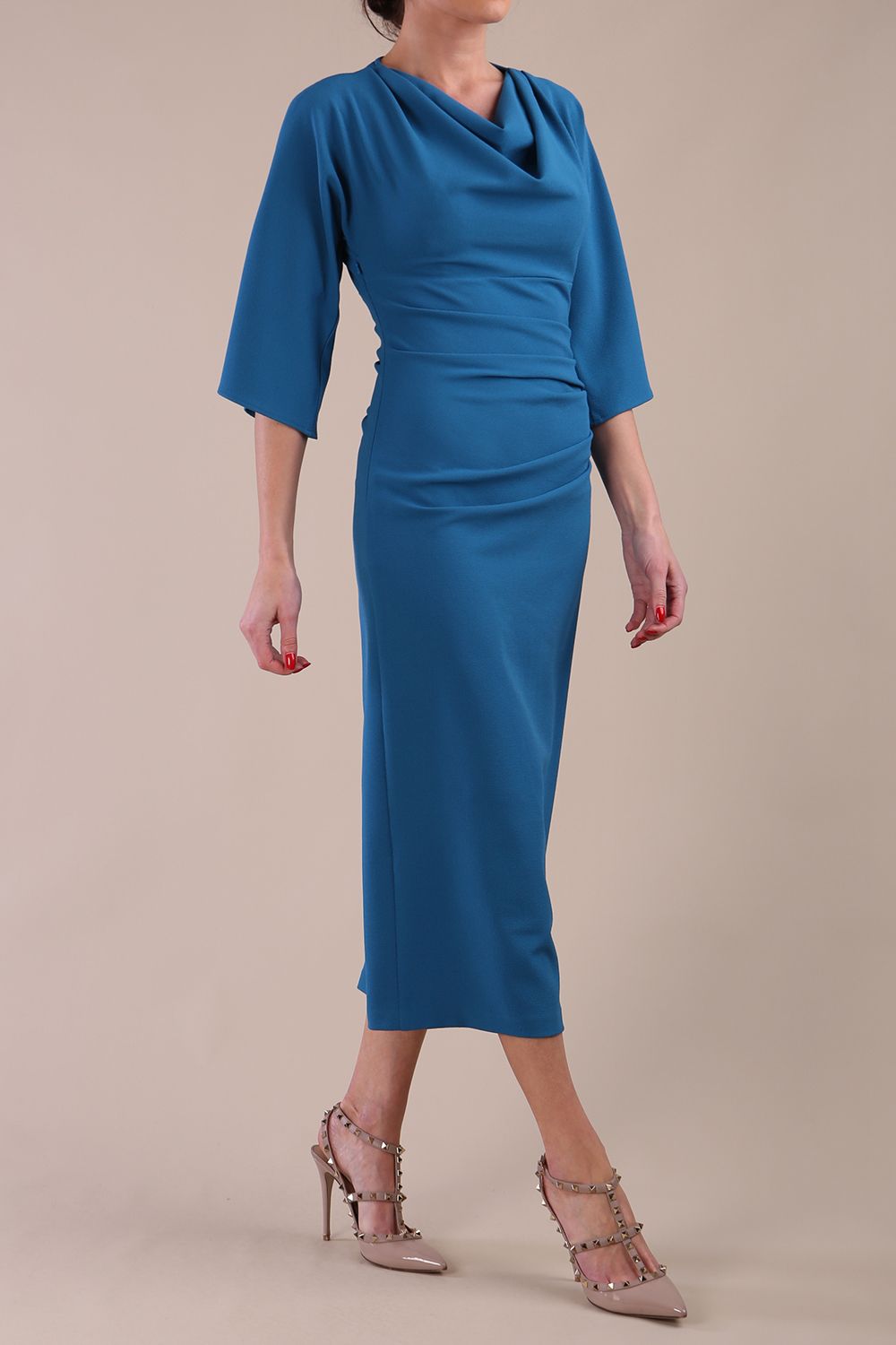Diana Cowl Neck Pencil Dress in Tropical Teal – Diva Catwalk, image 5