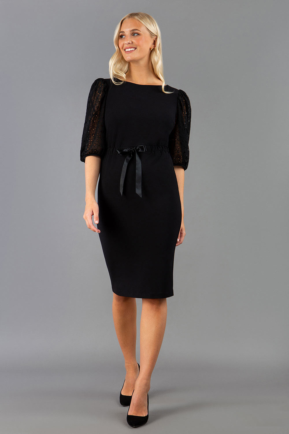 Diva Zermatt Lace Short Sleeved Black Pencil Dress with Belt Detail – Diva Catwalk, image 1