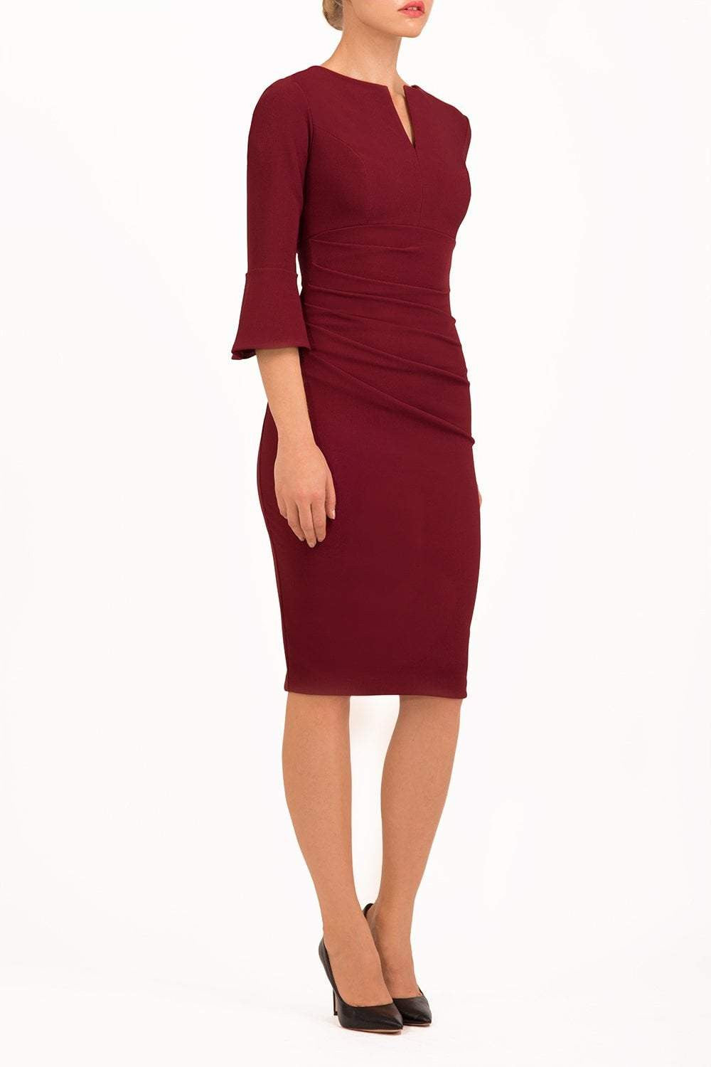 Durham Flute Sleeve Pencil Skirt Dress in Cabaret Burgundy – Diva Catwalk, image 17