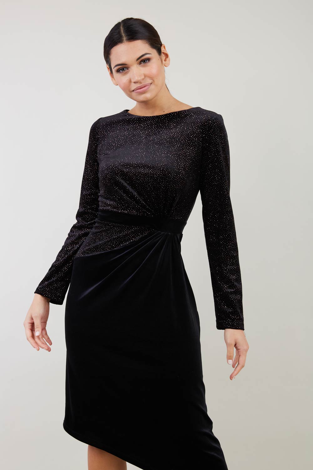 Eisinor Asymmetric Glitter Velvet Dress in Glitter/Black Velvet – Diva Catwalk, image 1