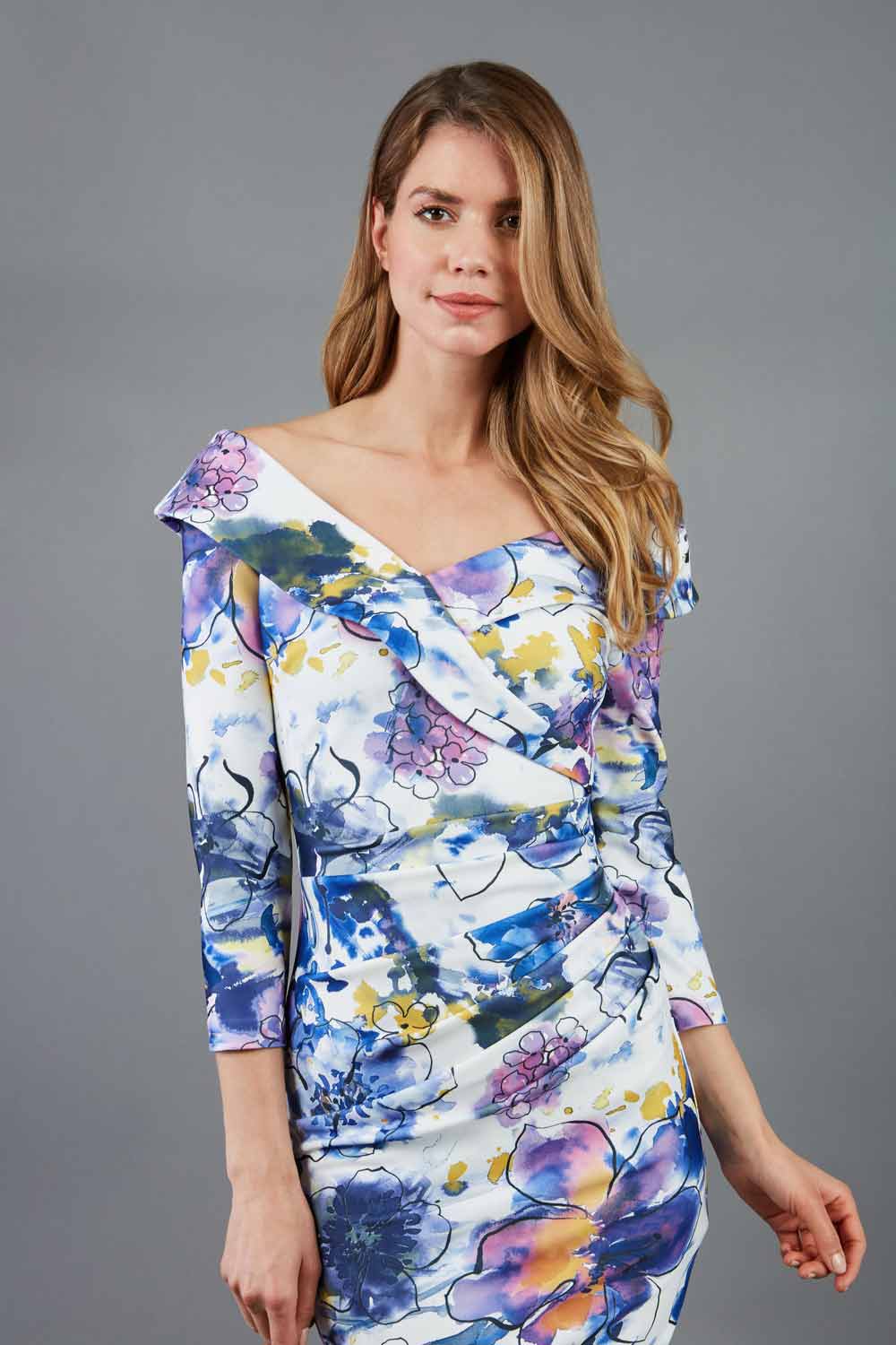 Eliza 3/4 Sleeve Print Dress in Abstract Hibiscus – Diva Catwalk, image 1