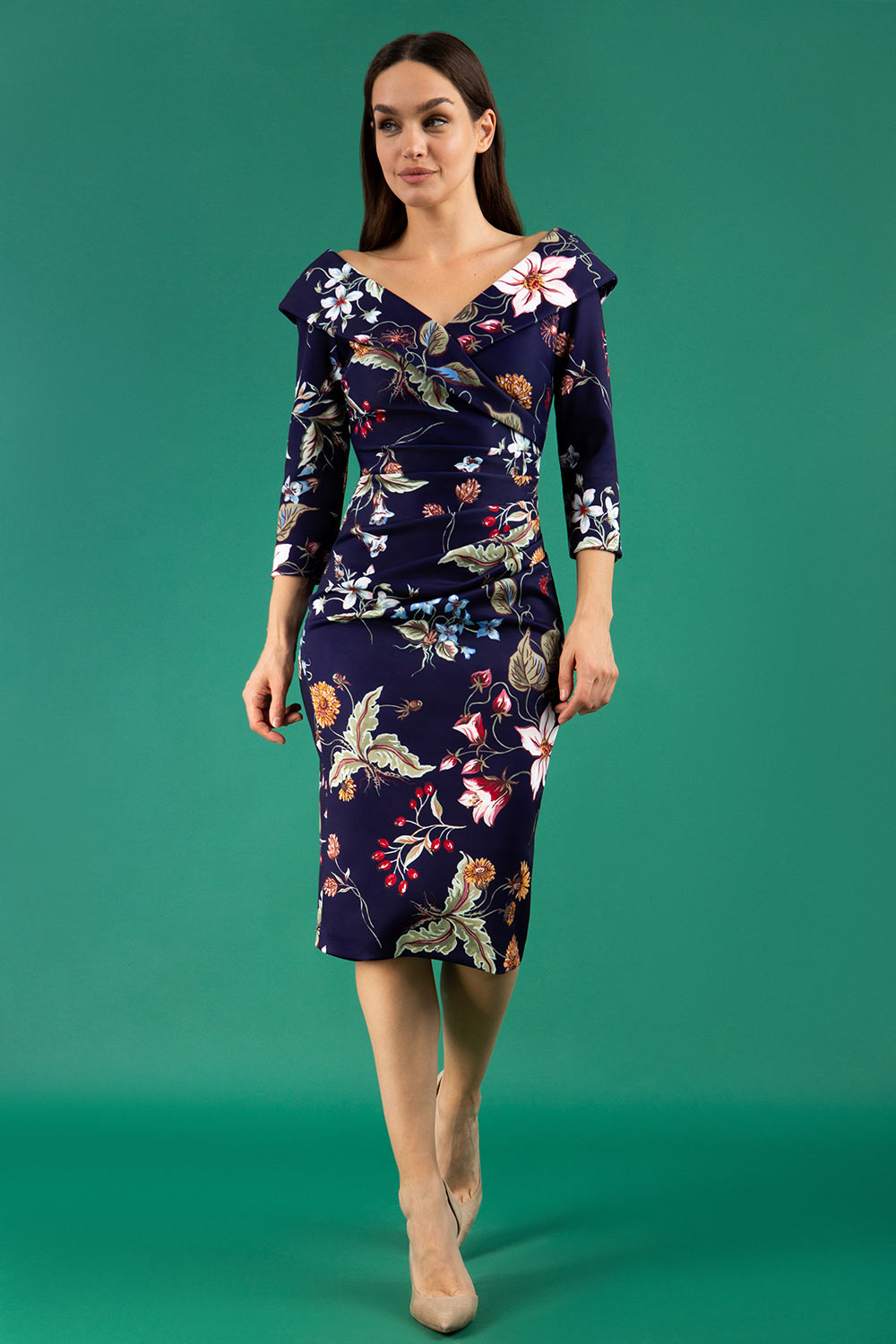 Eliza Contour Stretch 3/4 Sleeve Dress in Wildflower Print – Diva Catwalk, image 1