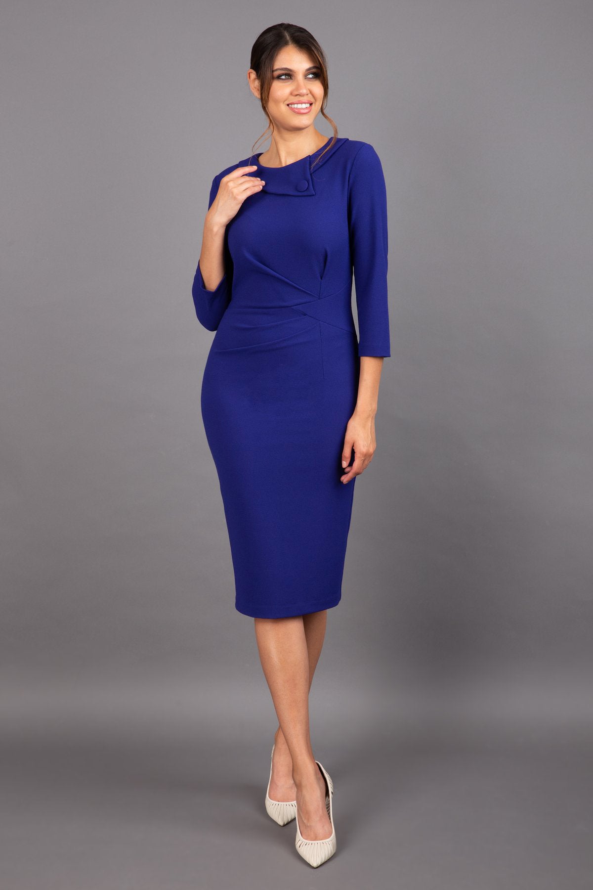 Elodie Sleeved Pencil Dress in Oxford Blue – Diva Catwalk, image 3