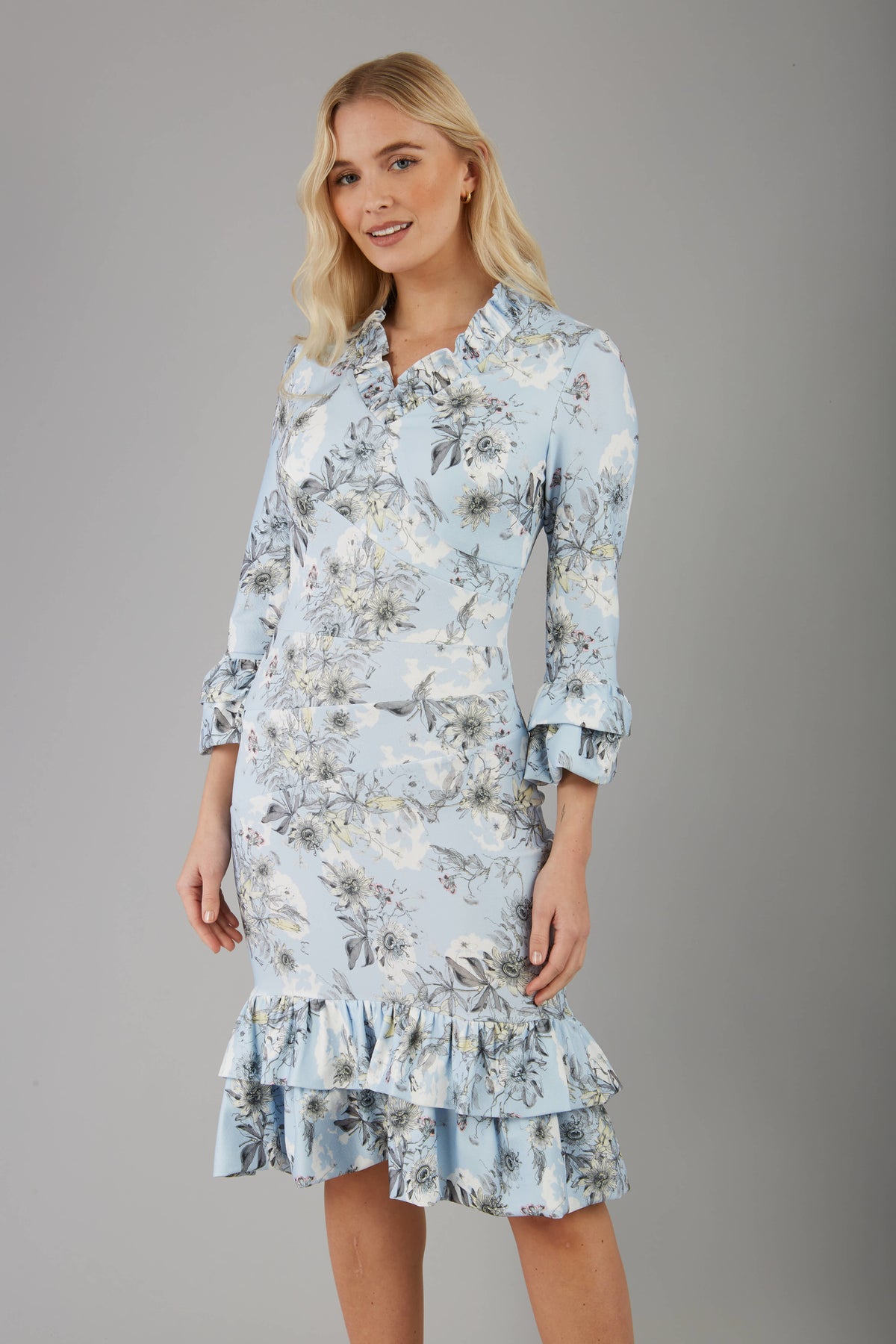 Fern Sleeved Blue Printed Dress in Light Blue Print – Diva Catwalk, image 1