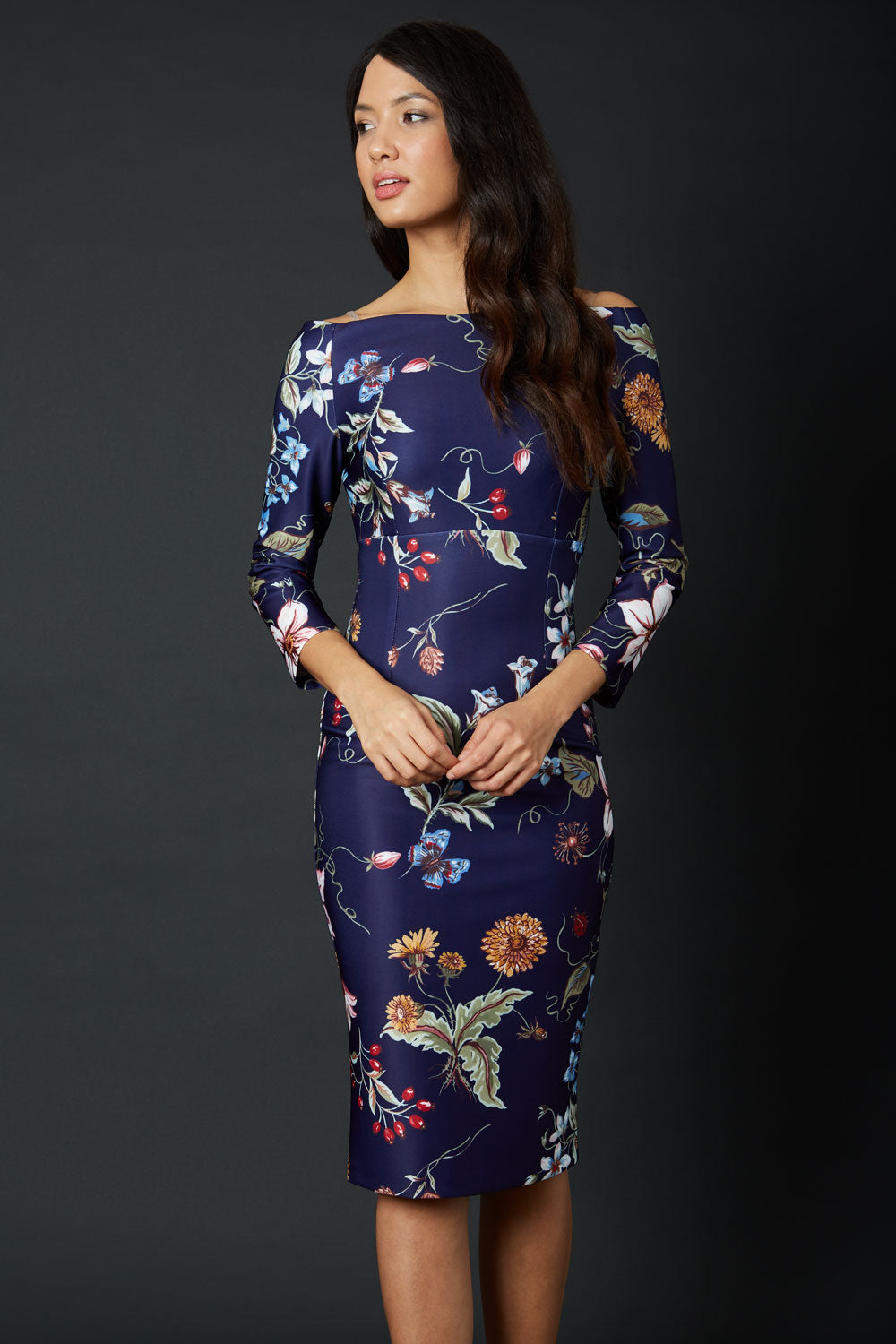 Garland Pencil Dress in Wildflower & Navy – Diva Catwalk, image 1