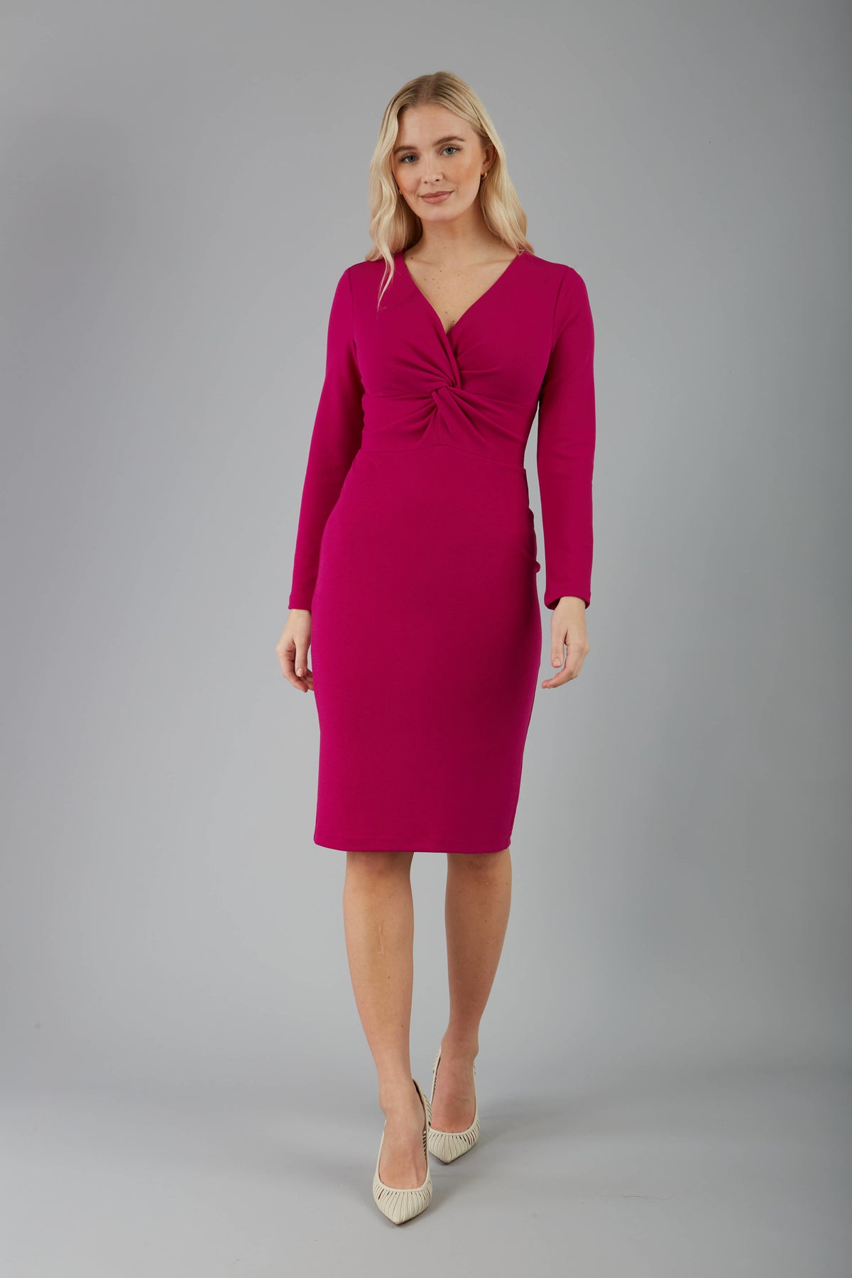 Gately Long Sleeve Twisted Low V-Neck Pencil Dress in Magenta – Diva Catwalk, image 1