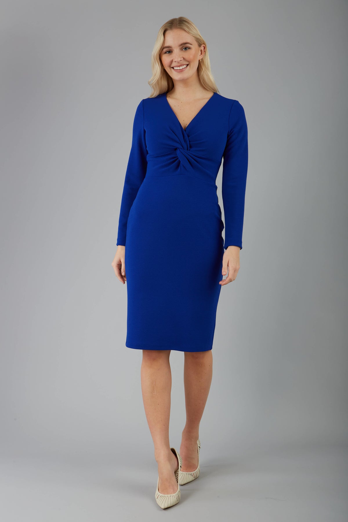 Gately Long Sleeve Twisted Low V-Neck Pencil Dress in Cobalt Blue – Diva Catwalk, image 3