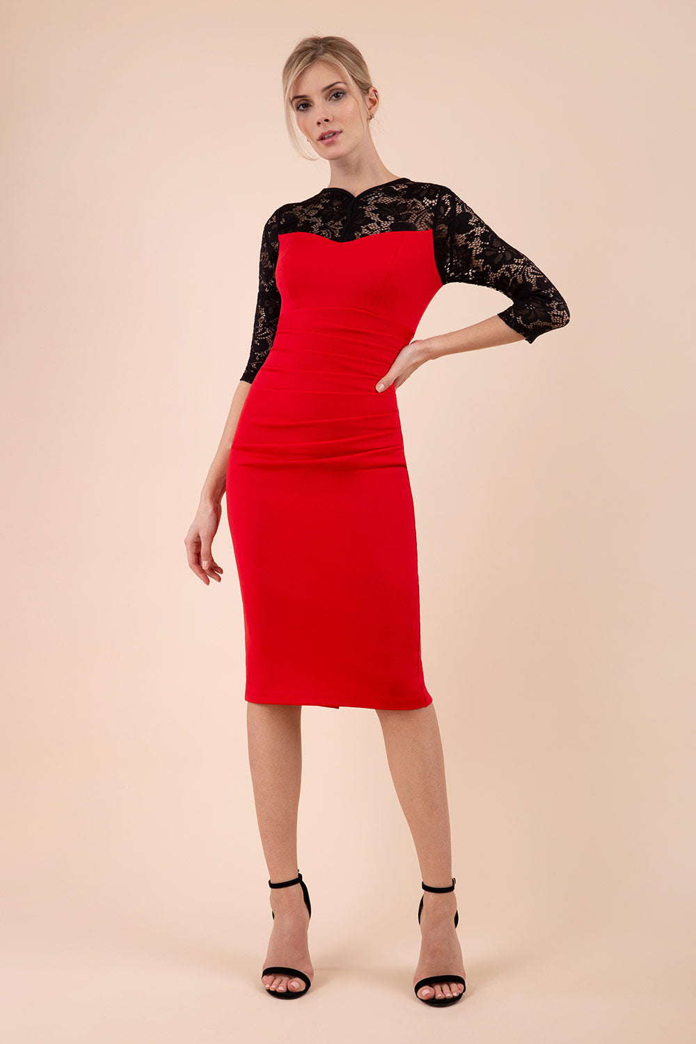 Haversham Contrast Lace Pencil Dress in Electric Red & Black Lace – Diva Catwalk, image 1