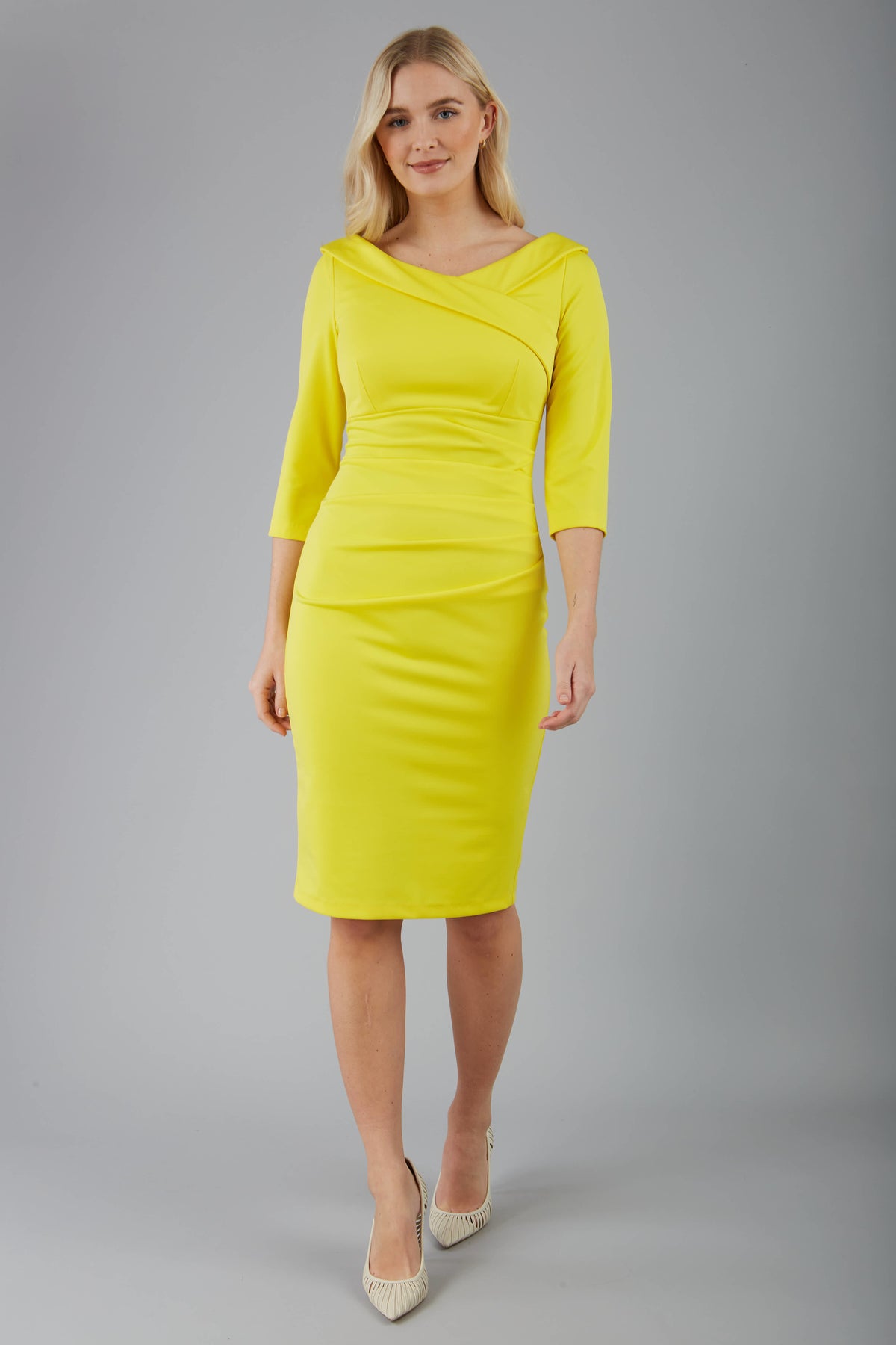 Ionian Sleeved Pencil Skirt Dress in Blazing Yellow – Diva Catwalk, image 3