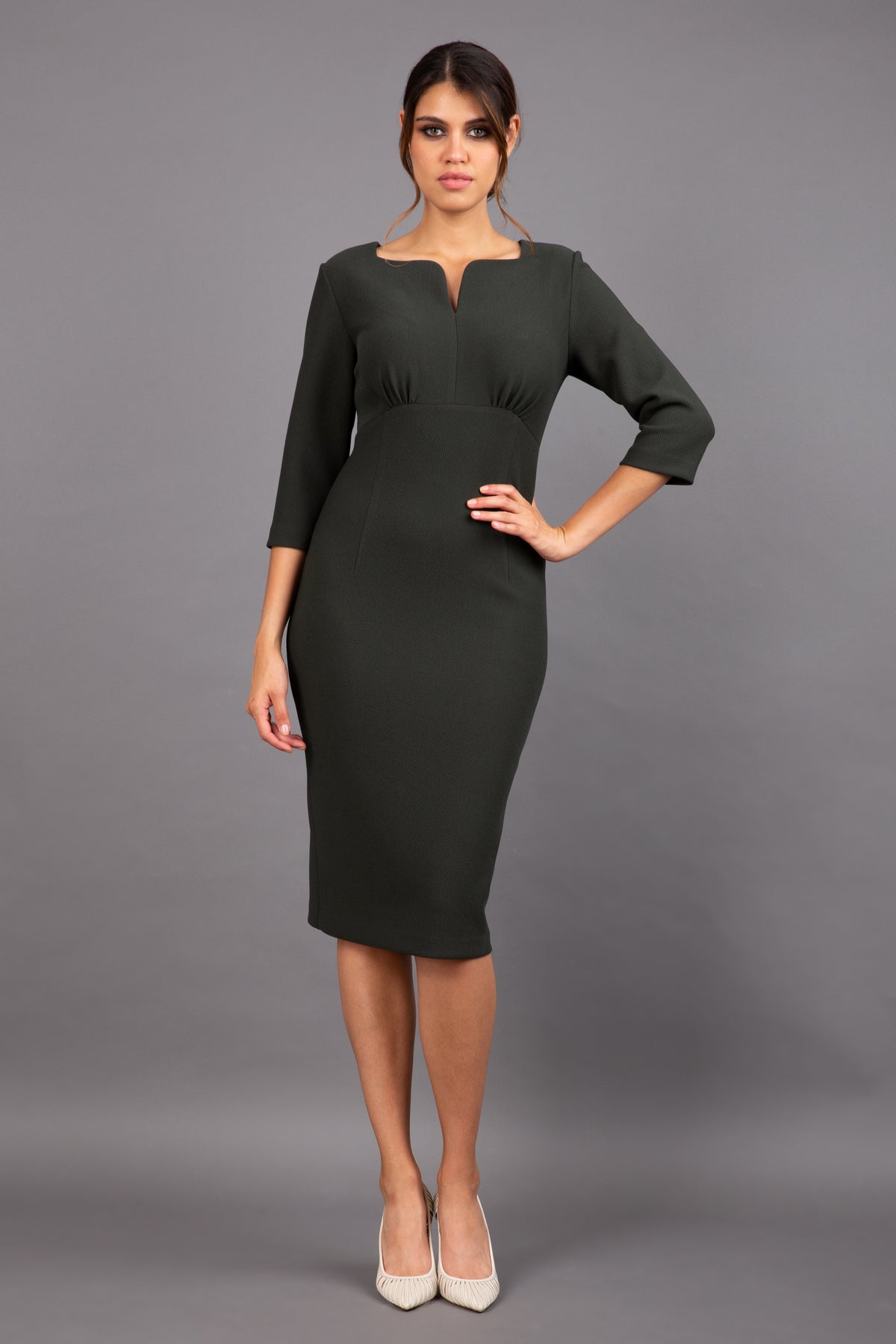 Lovelly Sweetheart Neckline Sleeved Pencil Dress in Obsidian Green – Diva Catwalk, image 6