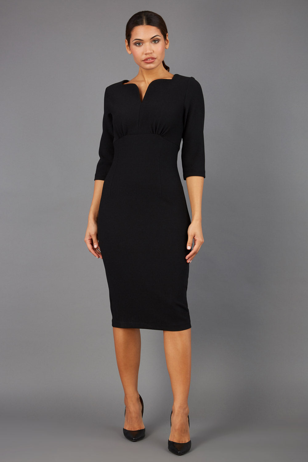 Lovelly Sweetheart Neckline Sleeved Pencil Dress in Black – Diva Catwalk, image 1