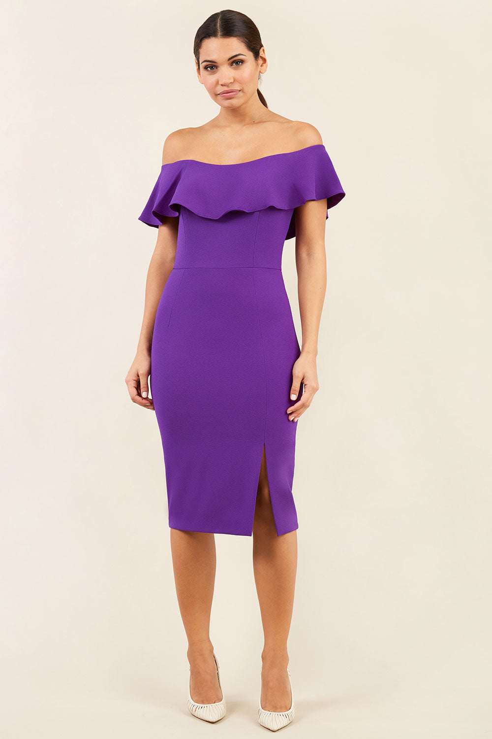 Lucia Off Shoulder Pencil Dress in Passion Purple – Diva Catwalk, image 1
