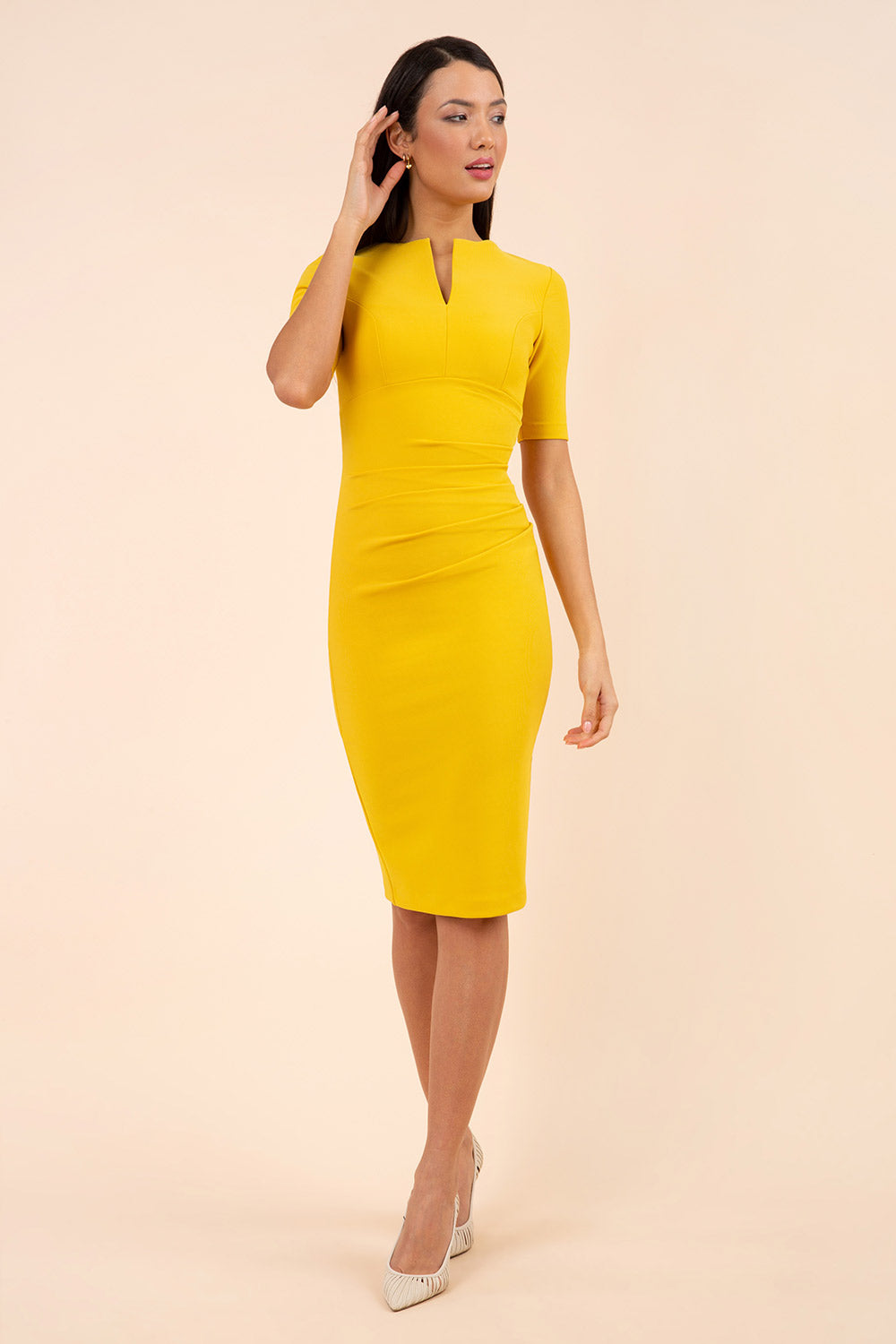 Lydia Short Sleeve Pencil Dress (Mustard Yellow)