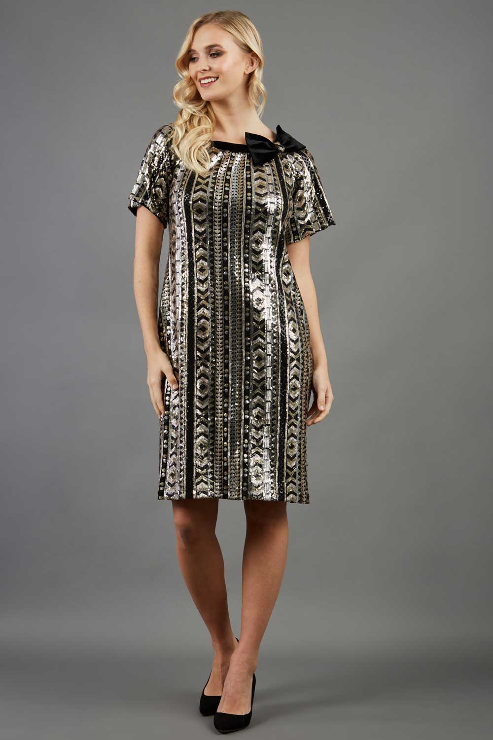 Madonna Bow Detail Dress in Metallica Black – Diva Catwalk, image 1