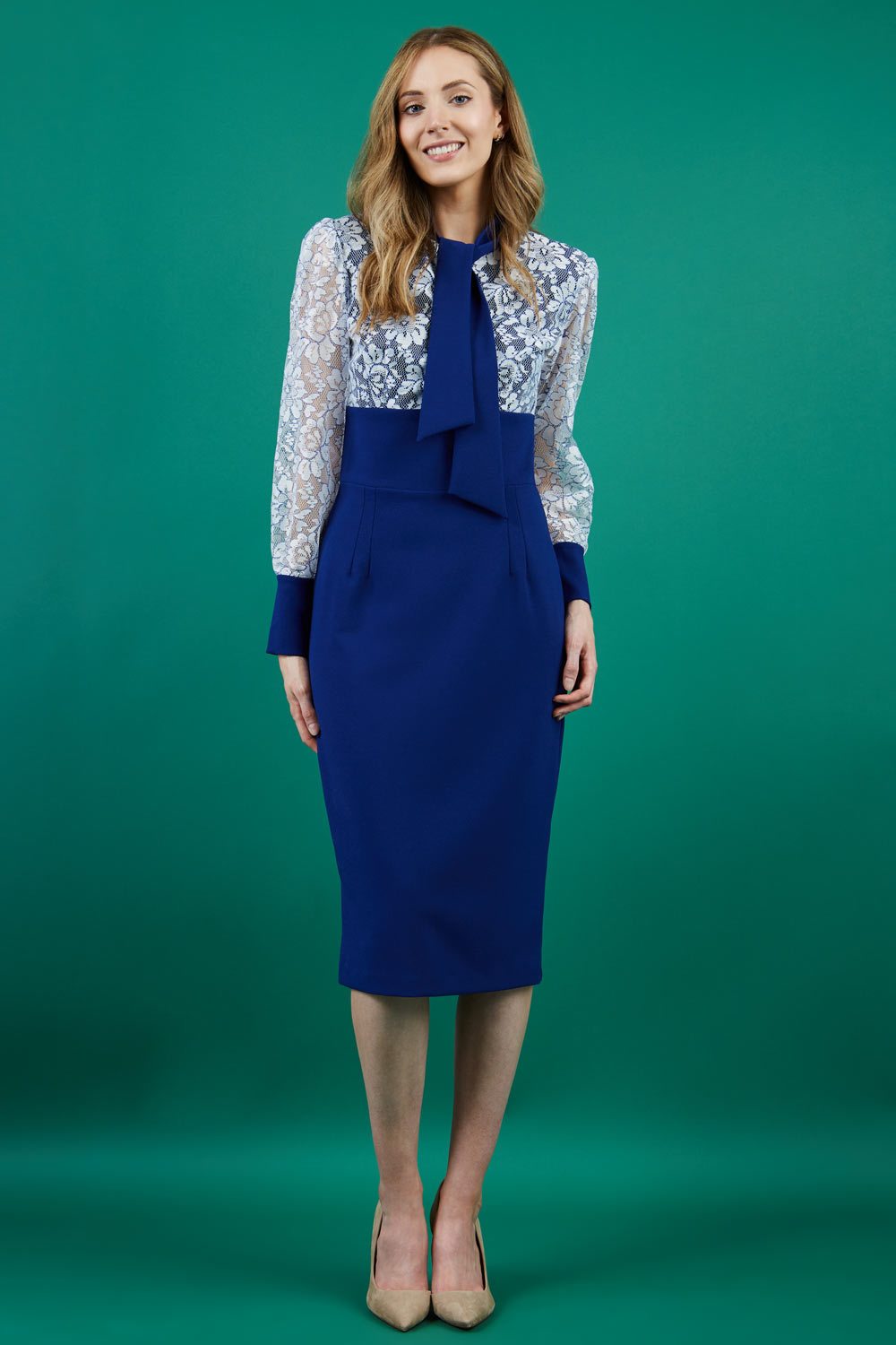 Mayflower Lace Pencil Dress in Oxford Blue – Diva Catwalk, image 2