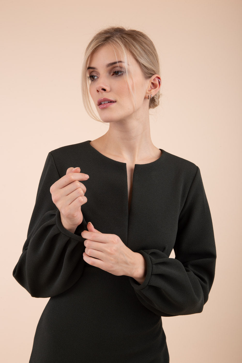 Praktica Long Sleeved Dress in Khaki Green+Black – Diva Catwalk, image 1