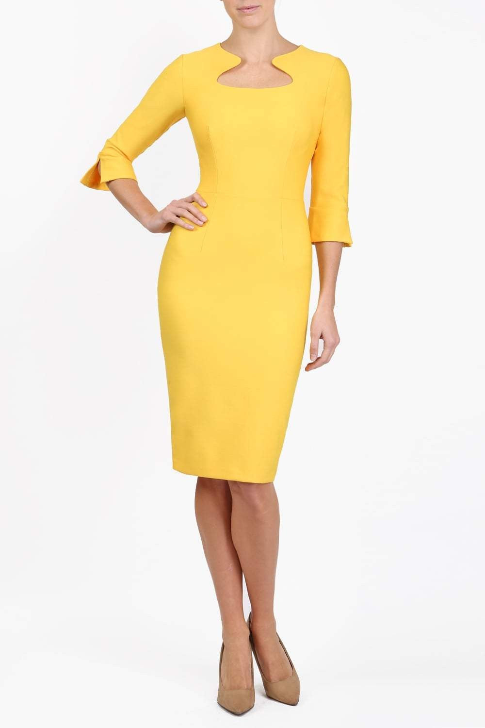 Seed Kennedy Sleeved Shaped Neckline Pencil Dress in Daffodil Yellow – Diva Catwalk, image 5